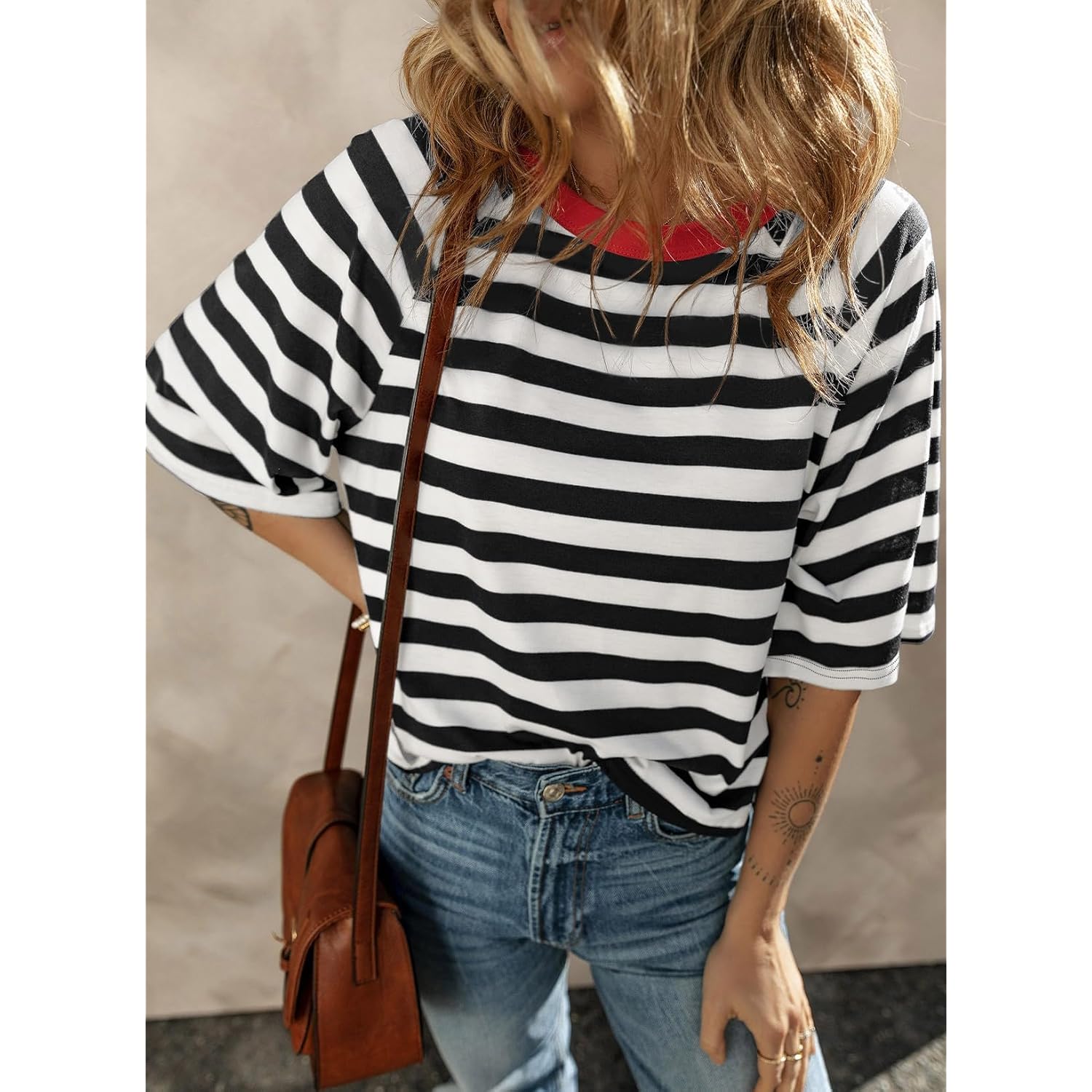 Dokotoo Tops for Women Striped 2026 Fashion T Shirts for Women Color Block Crewneck Design Loose Basic Tee