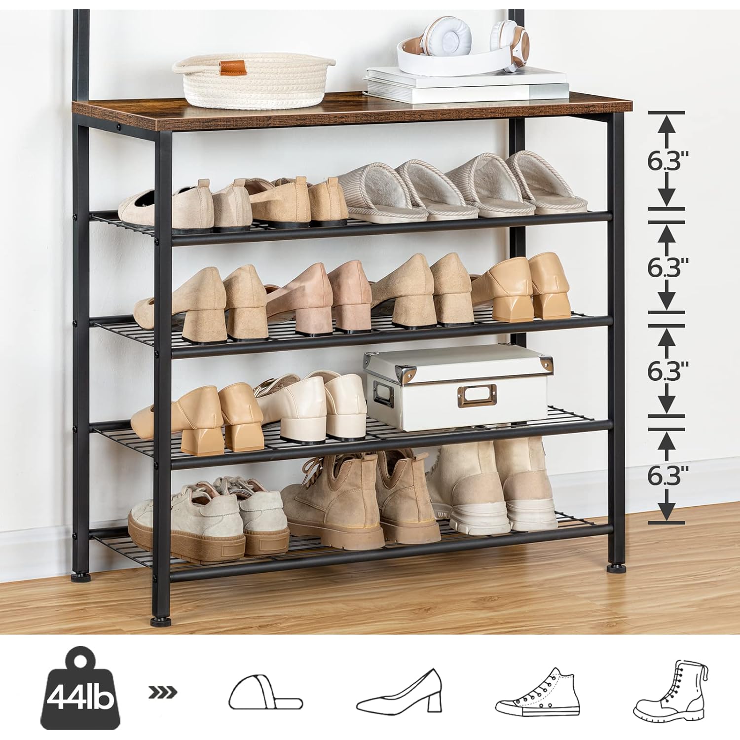 HOOBRO Hall Tree, Coat Rack with Shoe Rack, Hall Tree with Bench, 5 Tier Shoe Storage Organizer with 9 Hooks for Entryway, Closet, Sturdy, Industrial, Rustic Brown and Black BF80MT01G2