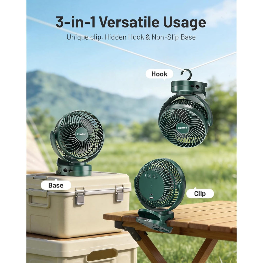 Camping Fan With Remote Control - 12000Mah Rechargeable Battery Powered Fan, Camping Fans For Tents With Led Light & Hanging Hook, Rechargeable Battery Operated Ceiling Fans For Tent Rv Bed, Green