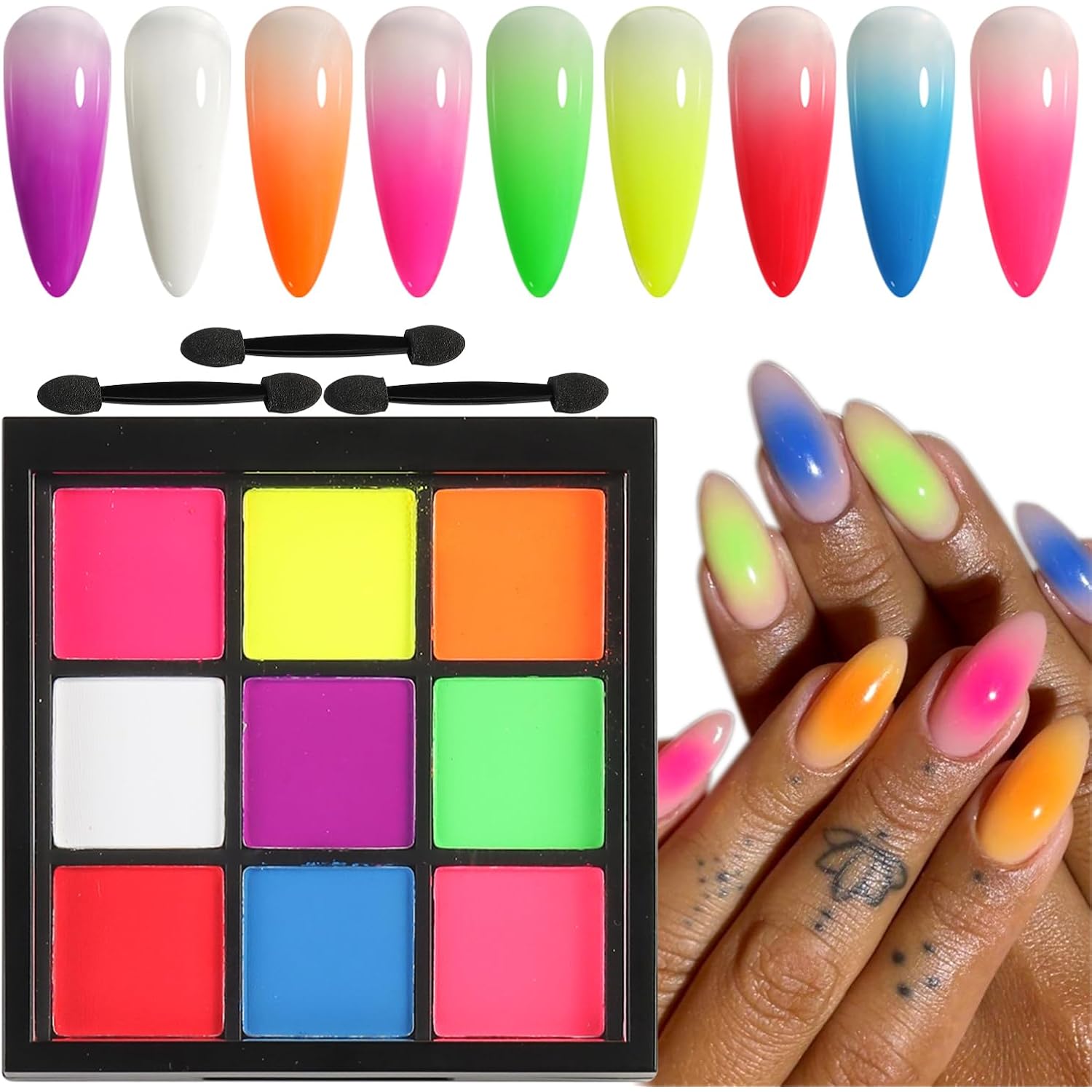 Fcozpjk Neon Nail Pigment Powder Palette, 9 Colors Solid Neon Nail Powder Phosphor Fluorescent Nail Glitter Aura Nail Summer Decoration Ombre Gradient Design Rub Dust Manicure Pigmentos para Uñas