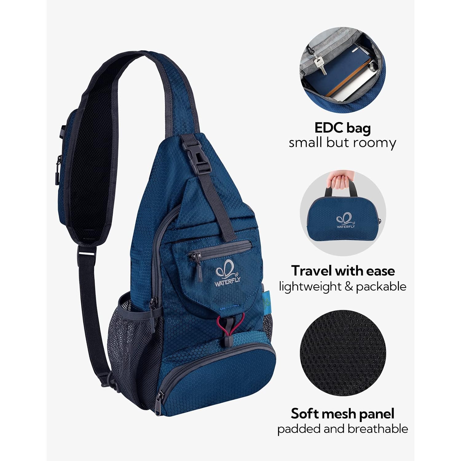 Waterfly Packable Sling Backpack Lightweight Crossbody Bag Travel Daypack | Foldable Design, Phone Pocket, Water-Resistant, Adjustable Strap, Breathable Back Pad, Small Hiking Bag, Travel Essentials