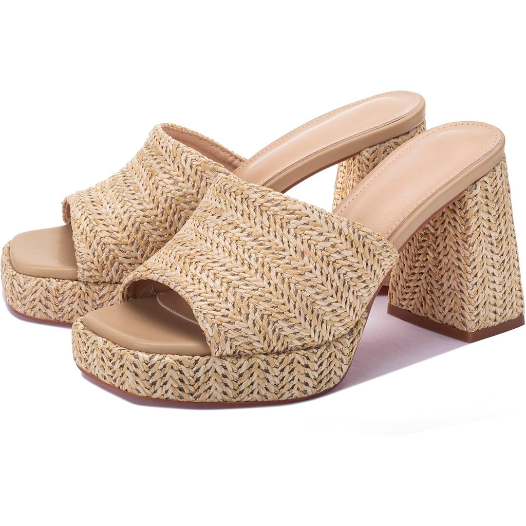 Monrovia Raffia Heeled Sandals For Women，Platform Wedge Slip On Block Heel, Dressy Summer Open Toe Chunky High Heel Vacation Beach Slides Sandals