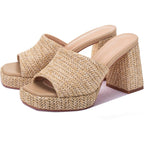 Monrovia Raffia Heeled Sandals For Women，Platform Wedge Slip On Block Heel, Dressy Summer Open Toe Chunky High Heel Vacation Beach Slides Sandals