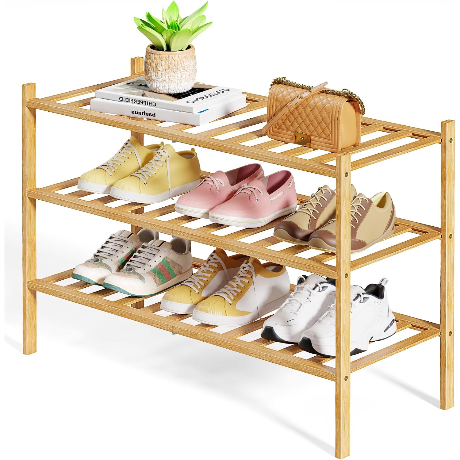 Kitsure Bamboo Wooden Shoe Rack For Closet - Stackable Shoe Organizer With Modular Structure, Space-Saving Shoe Shelf For Entryway, Living Room, Bedroom, 26.8" X 11" X 18.9", Natural