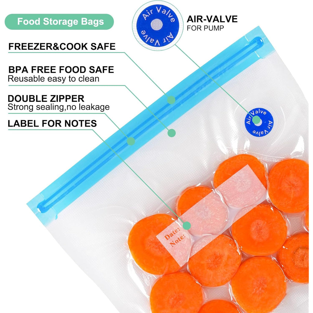 Reusable Bpa Free Vacuum Sealer Bags (8.5 * 8.5In), 31 Pcs (24 Pcs Vacuum Zipper Bag & 2 Seal Clips & 5 Air Valves), Plastic, Clear, Double Zipper Seal, Microwaveable, Food Storage, Cooking