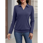 Ticticmiss Womens Polo Shirts Long Sleeve Banded Bottom Tops Business Casual Tops Collared V Neck Blouses