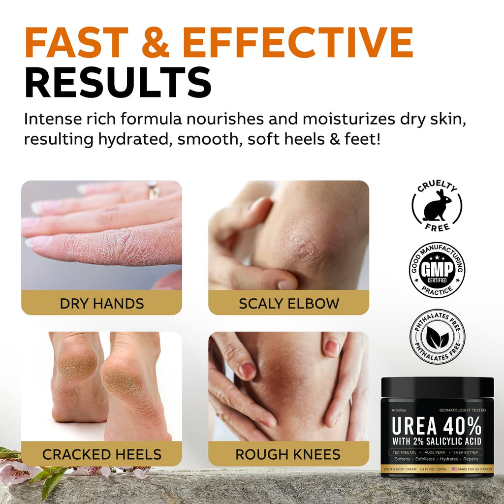 Adellina Urea Cream 40 Percent for Feet Maximum Strength, Urea Foot Cream for Dry Cracked Heels Feet Knees Elbows, 40% Urea Foot Repair Lotion 5.3 OZ