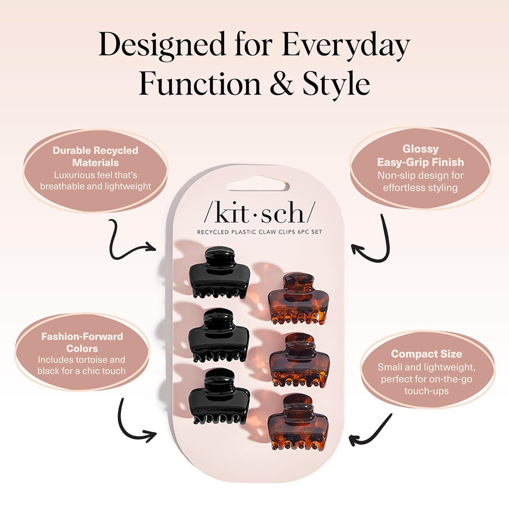 Kitsch Small Hair Clips For Women - Stays In Place Without Pulling Or Snagging | Durable Plastic, Sturdy Small Claw Clips - Black & Tortoise, 6 Pcs