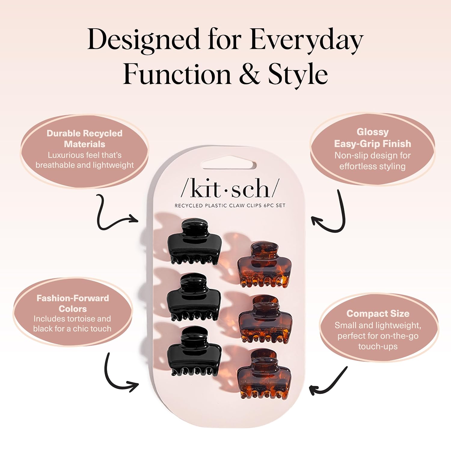 Kitsch Small Hair Clips For Women - Stays In Place Without Pulling Or Snagging | Durable Plastic, Sturdy Small Claw Clips - Black & Tortoise, 6 Pcs