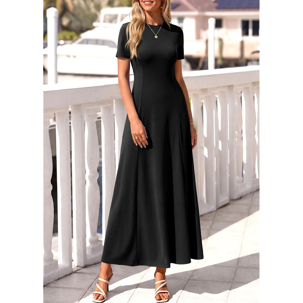 Kirundo Short Sleeve Formal Wedding Guest Dresses For Women, 2026 Summer Pleated Long Flowy Maxi Dress, Two Pockets, A Line