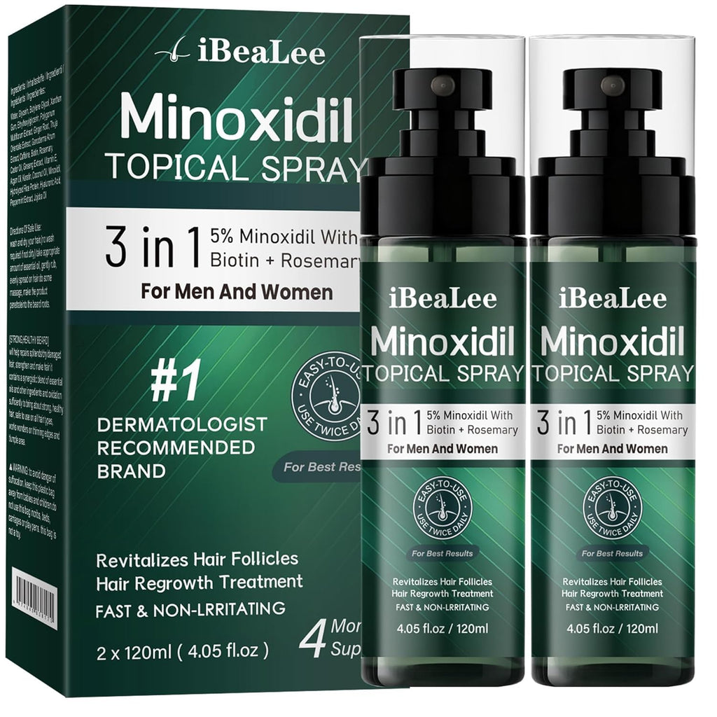 5% Minoxidil For Men And Women Hair Growth, Minoxidil Hair Growth Spray With Biotin & Rosemary, Extra Strength Hair Loss Treatment Serum For Thicker Hair & Beard Regrowth, 2 Bottles