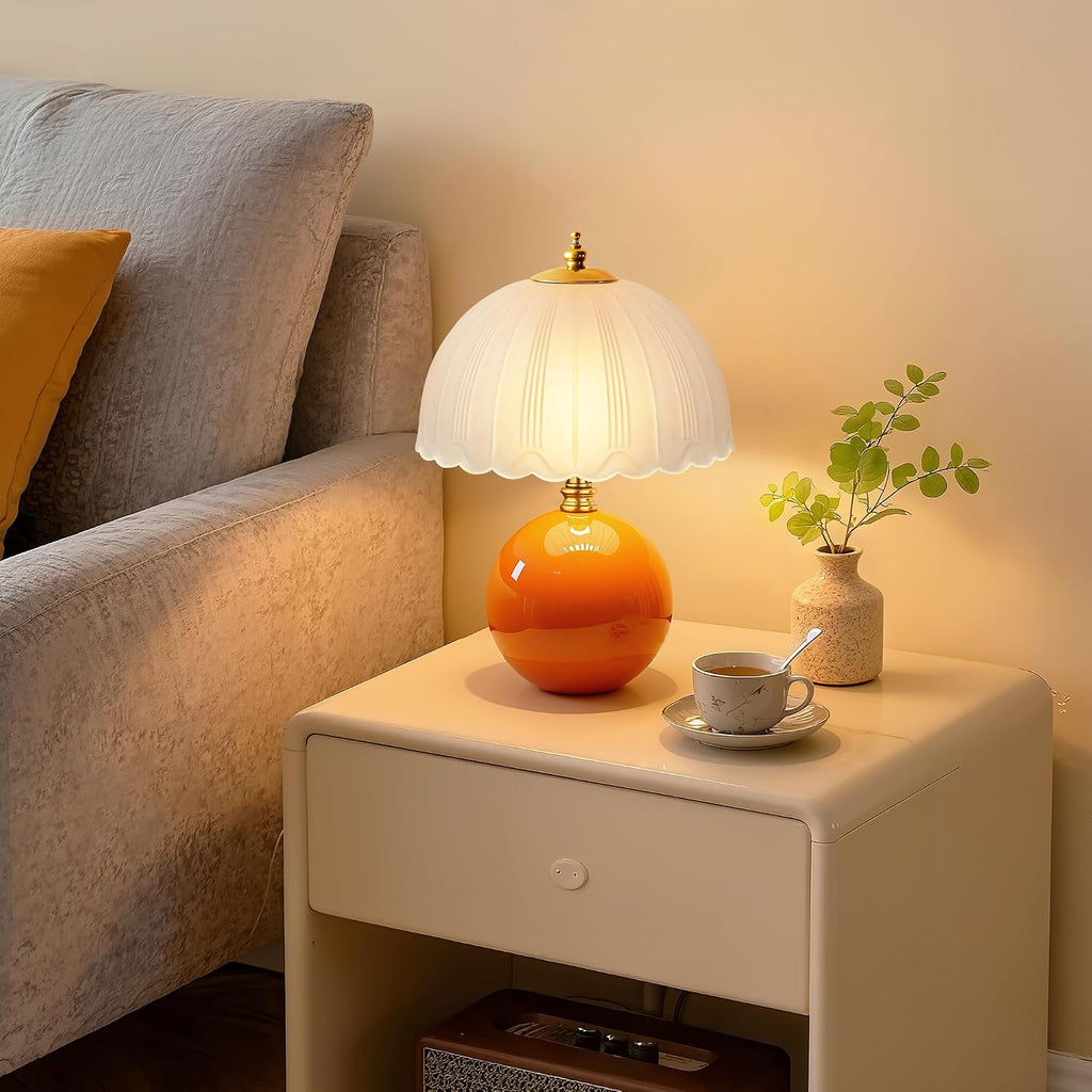 Mushroom Table Lamp, Ceramic Bedside Lamp With Glass Shade, 3-Way Lighting (2700K-5000K) Rocker Switch, Small Nightstand Lamp For Bedroom, Living Room, Office, Orange