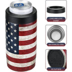 Slim Can Cooler, 4-In-1 Double Walled Stainless Steel Insulated Beer Can Holder, Works With All 12 Oz Cans,Bottles & As A Pint Cups - America Flag