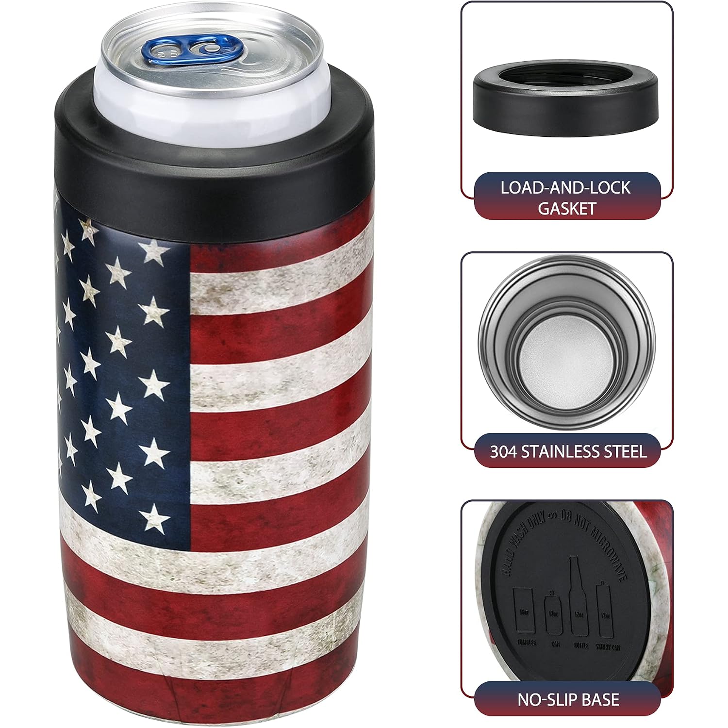 Slim Can Cooler, 4-In-1 Double Walled Stainless Steel Insulated Beer Can Holder, Works With All 12 Oz Cans,Bottles & As A Pint Cups - America Flag