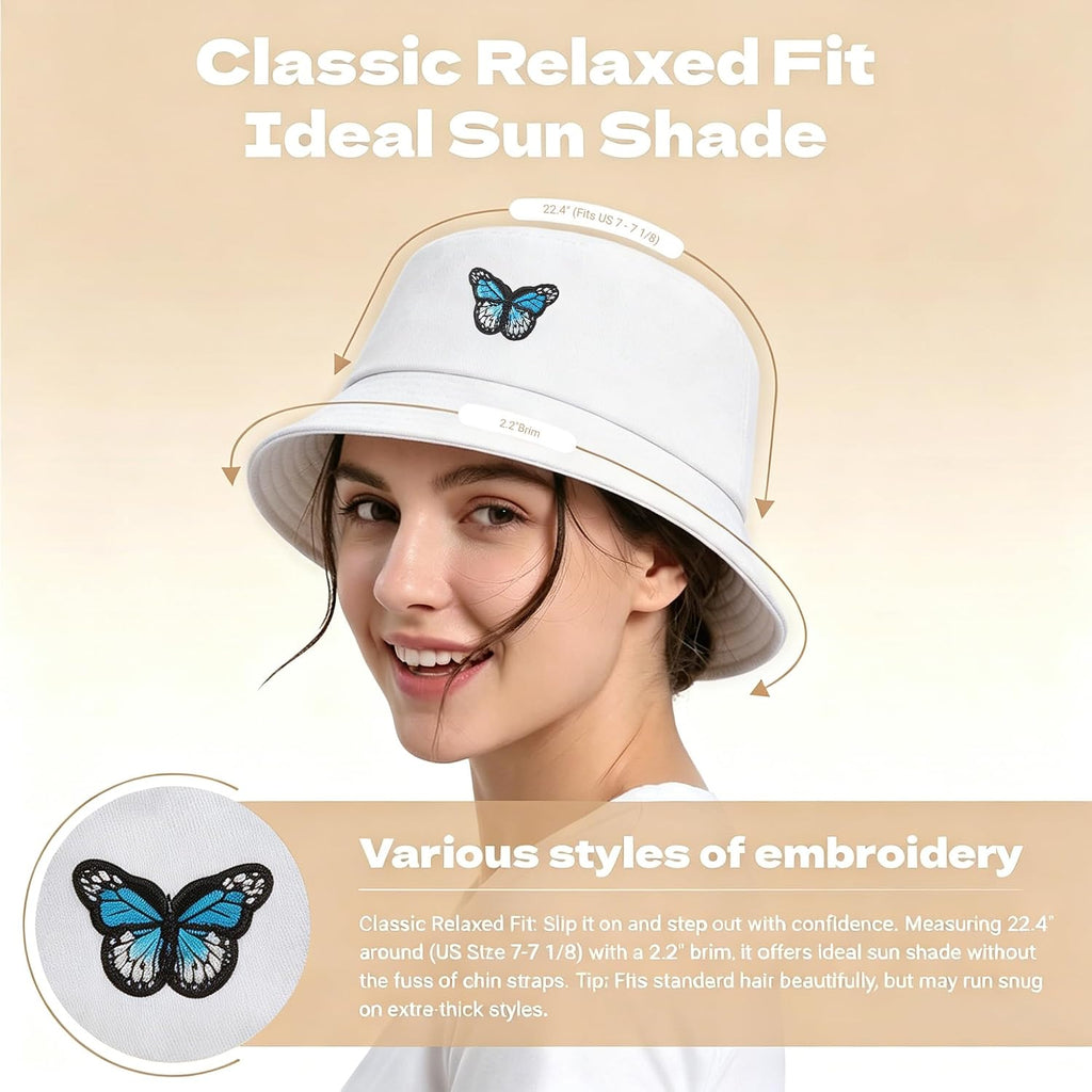 Zlyc Cotton Bucket Hats For Women Men Embroidered Packable Beach Hat Summer Travel Sun Cap For Daily Commute