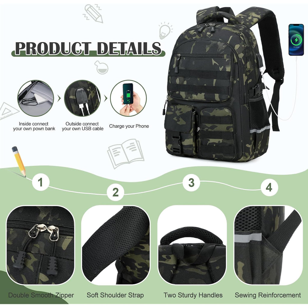 Camo Backpack For Boys With Lunch Box Pencil Case Usb Charging Port | Tactical Boys Backpack For School Kids Military Army Schoolbags For Boy Teens Kids Elementary Middle High, Black Grey Camo