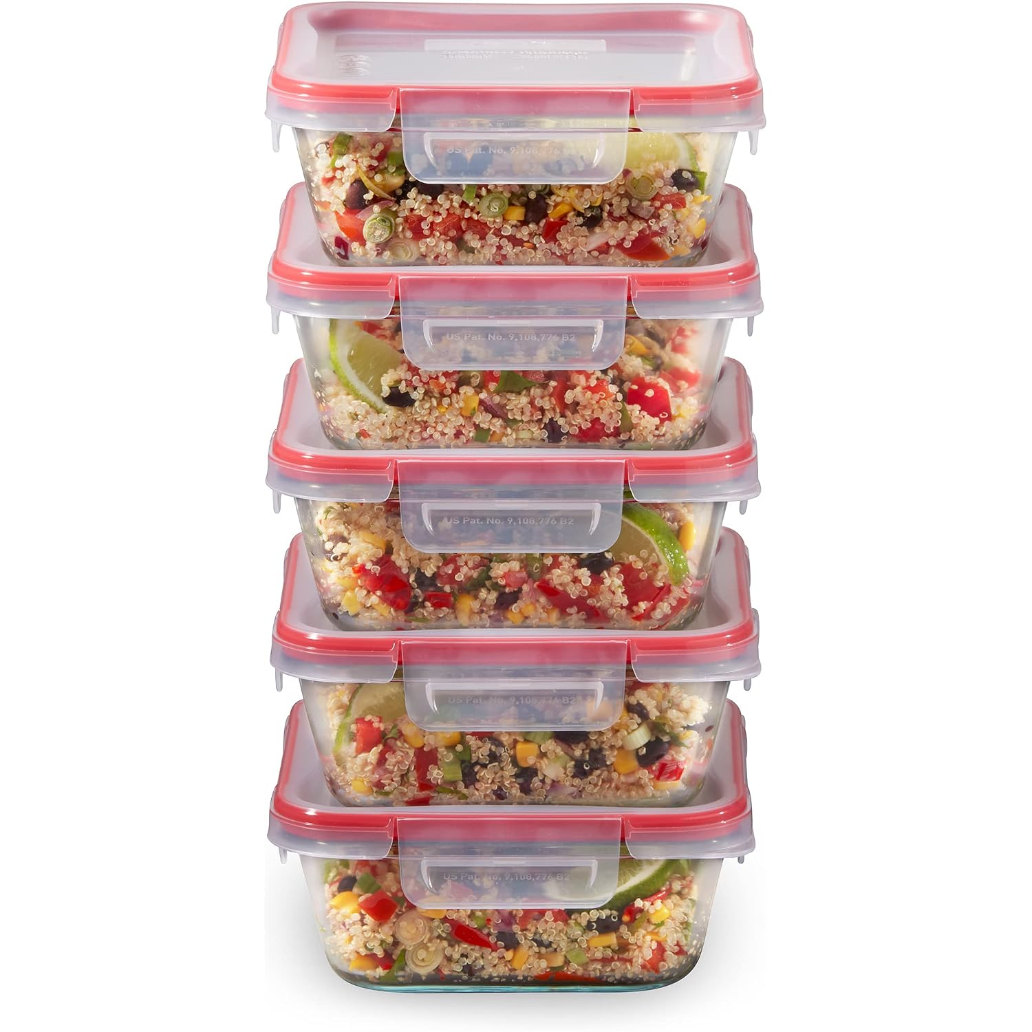 Pyrex Freshlock (5-Pack, 4 Cup) Glass Food Storage Containers Set, Airtight & Leakproof Plastic Locking Lids Bpa-Free, Meal Prep Containers Set, Freezer Dishwasher Microwave Safe