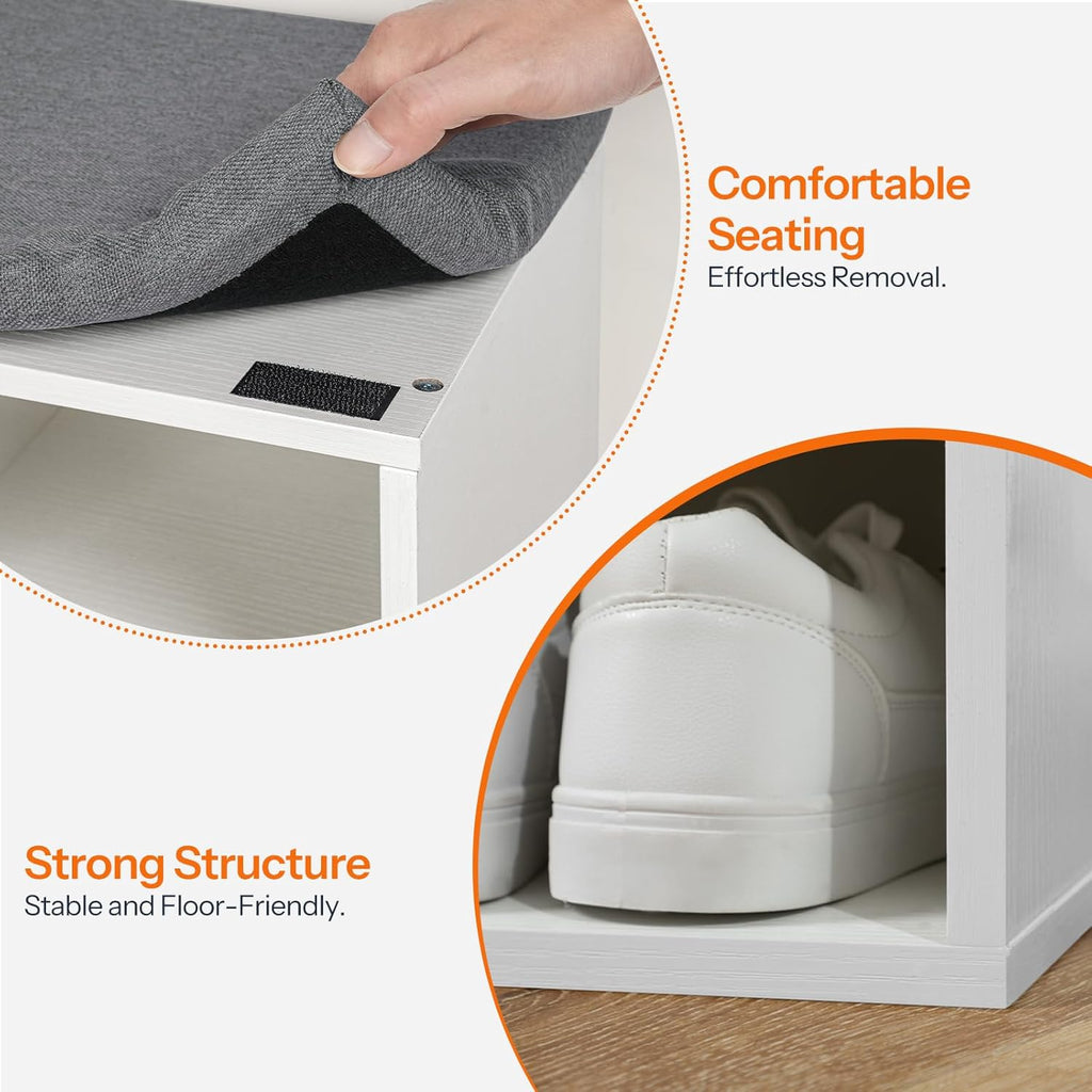 HOOBRO Shoe Storage Bench with Cushion, 39.4" L Entryway Bench with 12 Cubbies, Entryway Hall Tree with Storage, Cubby Shoe Rack Bench with Coat Rack for Hallway, Holds up to 330 lb, White WT112HX01