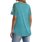 Ofeefan Casual V Neck T Shirts For Women Lace Short Sleeve Curved Hem Tops Loose Fit