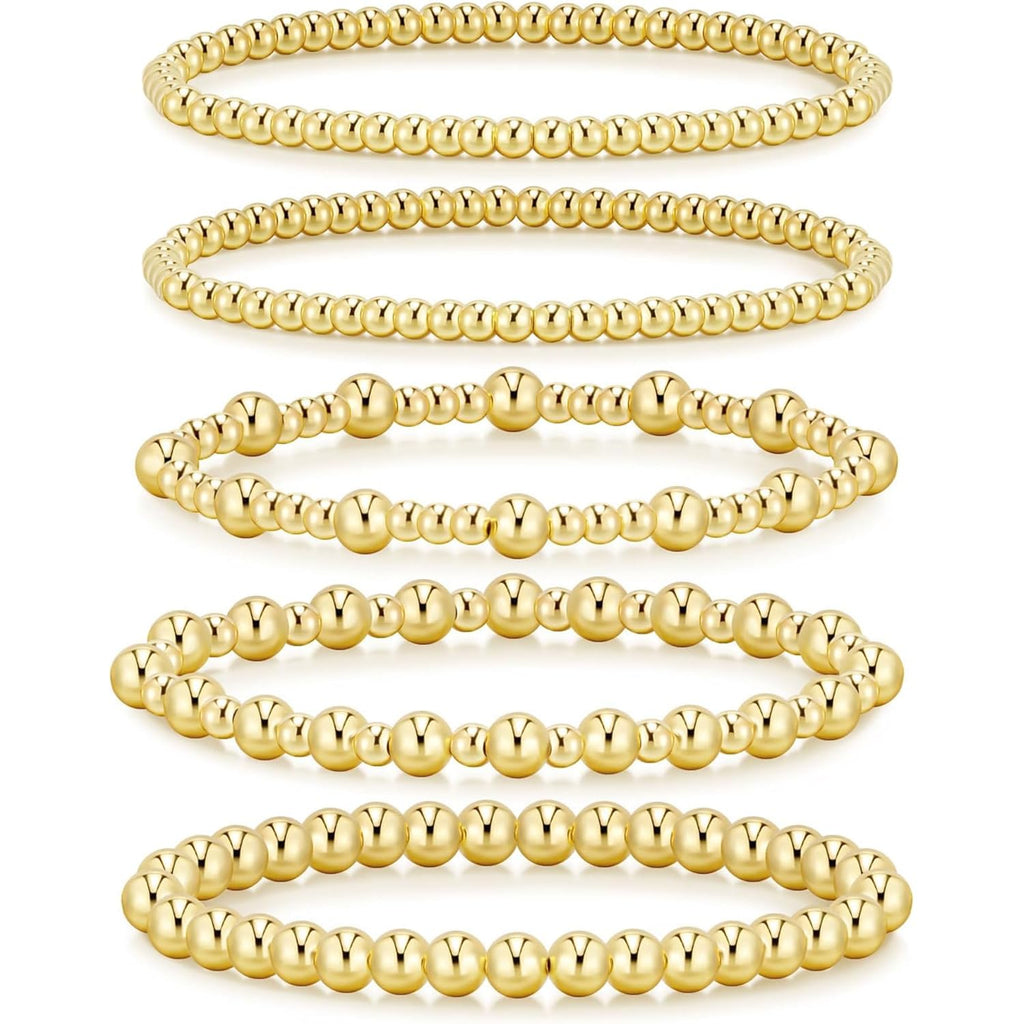 Eaciy Gold Bracelets for Women, 14K Gold Plated Beaded Bracelets Gold Strand Bead Ball Bracelet Stack Set Adjustable Bracelet Set Waterproof Jewelry for Women Gifts Non Tarnish