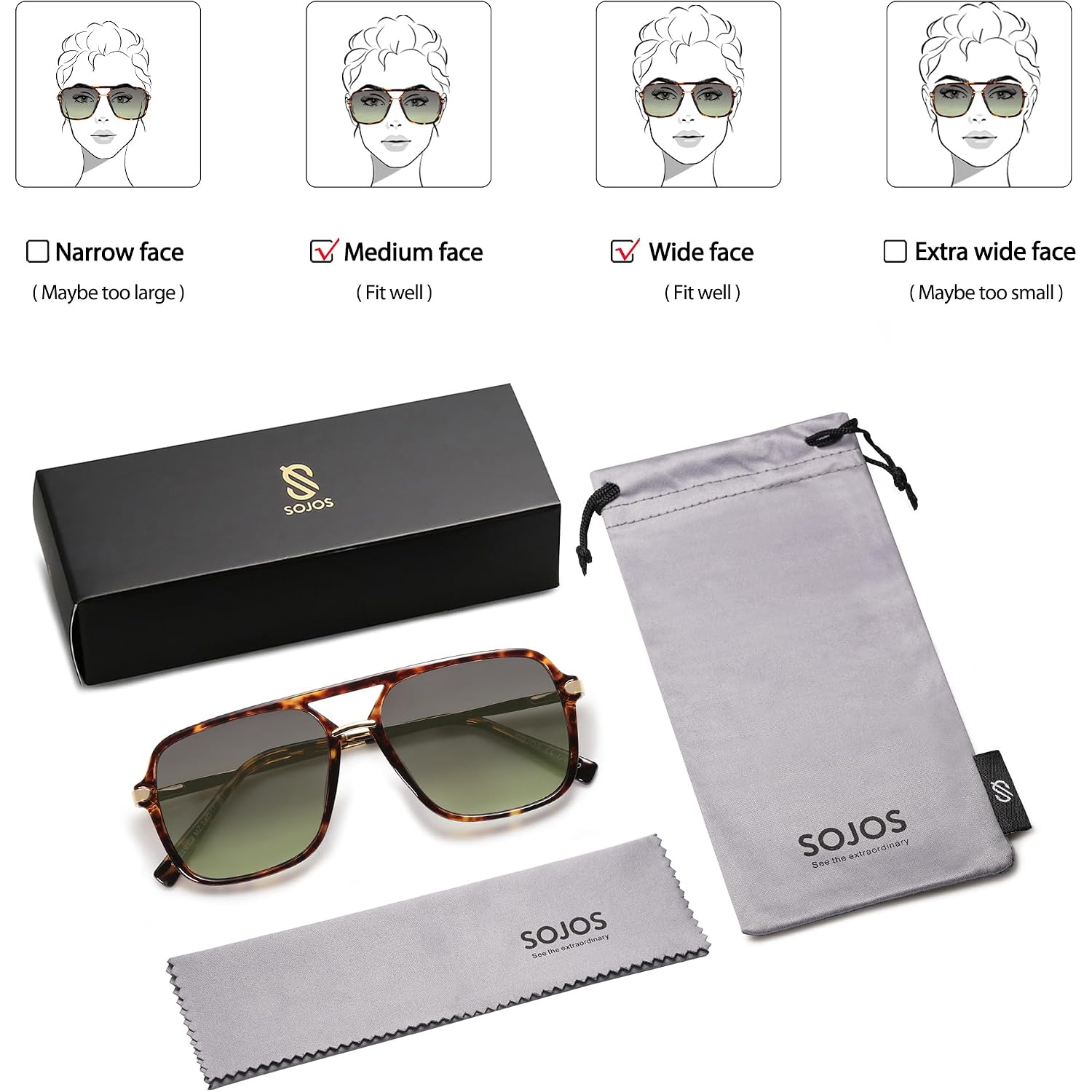 SOJOS Sunglasses for Women & Men, Square, Retro, Polarized Lens, Trendy Aviator, 90s Shades Yellow Tortoise/Green