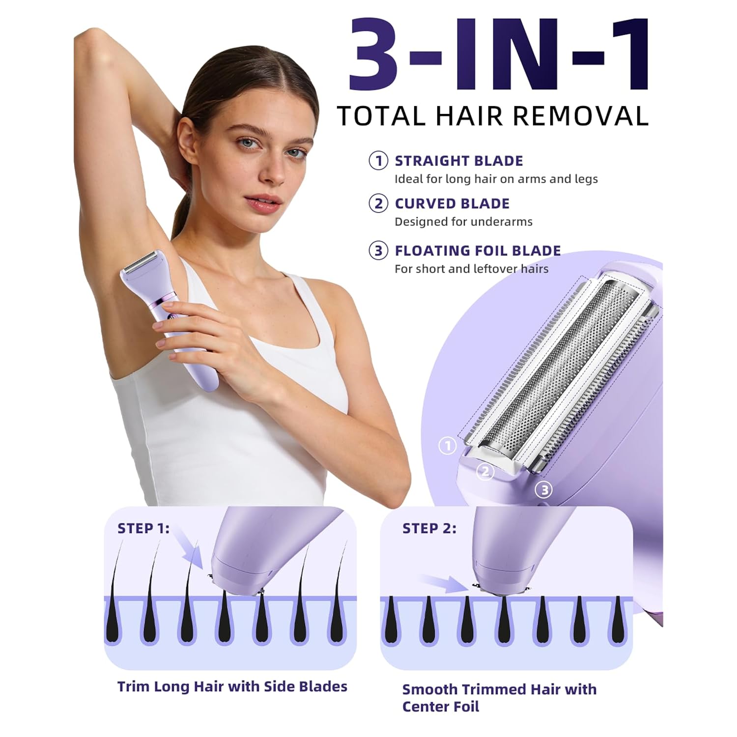Ufree Bikini Trimmer Electric Razors for Women, Rechargeable Pubic Body Hair Trimmer Electric Shaver for Legs Body Hair, Bikini Shaver IPX7 Waterproof, Gifts for Women, Purple