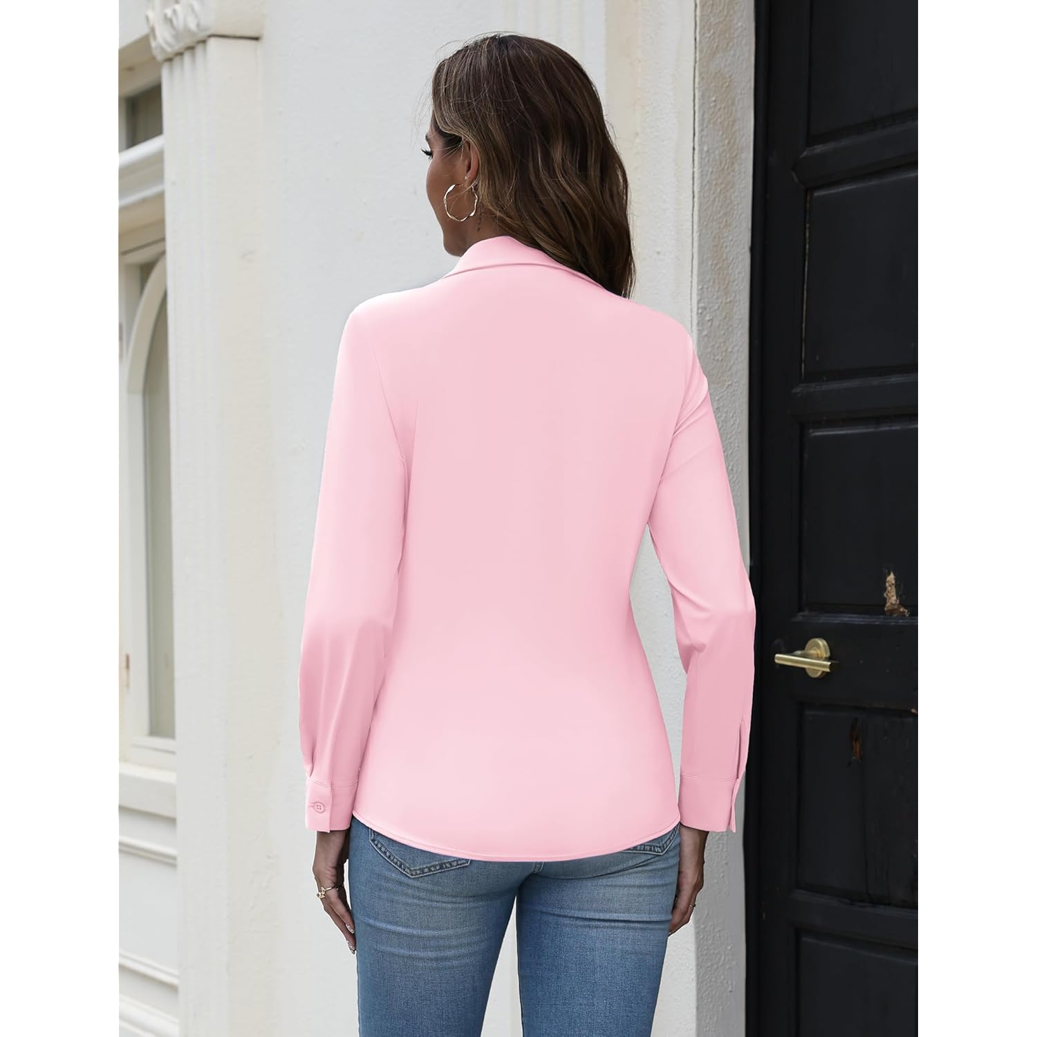 Button Down Shirts for Women Long Sleeve Stretch Dress Shirts Wrinkle-Free Work Blouses Slim Fit Office Tops