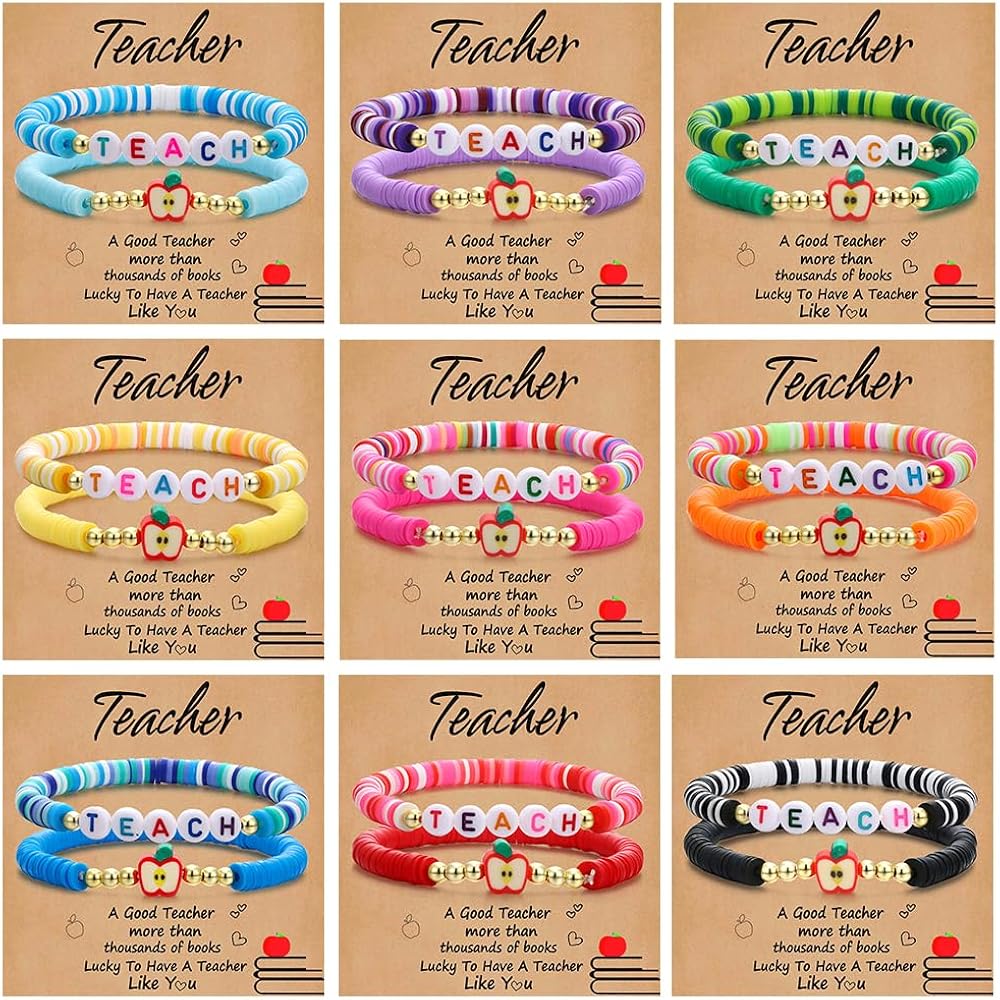 COLOYAN 18PCS Teacher Appreciation Gifts for Women Men, Teacher Gifts Wooden Beaded Bracelet elastic Clay Bracelet, Birthday Christmas Thanksgiving Thank You Gifts for Teachers