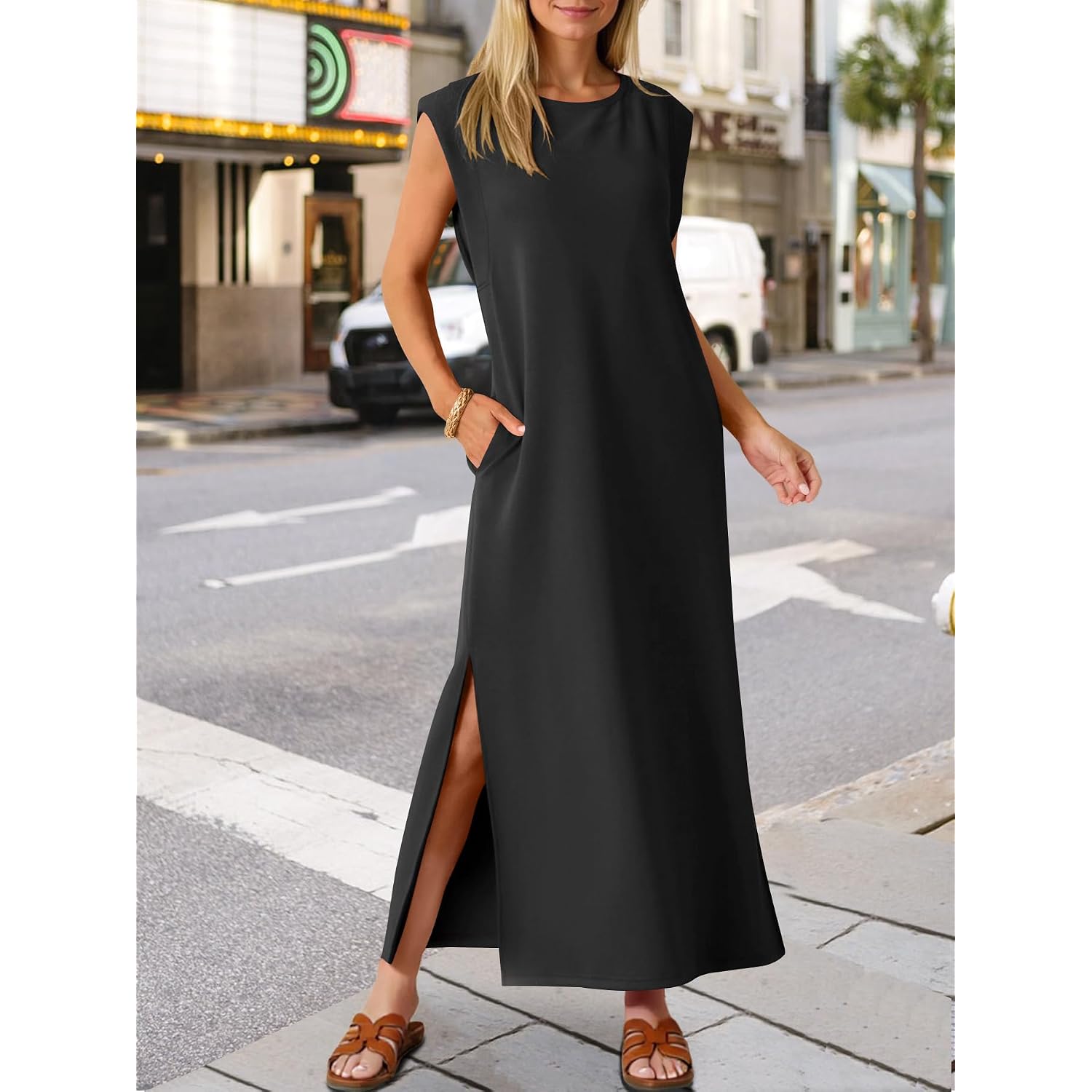 Anrabess Women Summer Casual Sleeveless Maxi Dress 2026 Crewneck Loose Split Wrinkle-Free Beach Travel Vacation Long Sundress