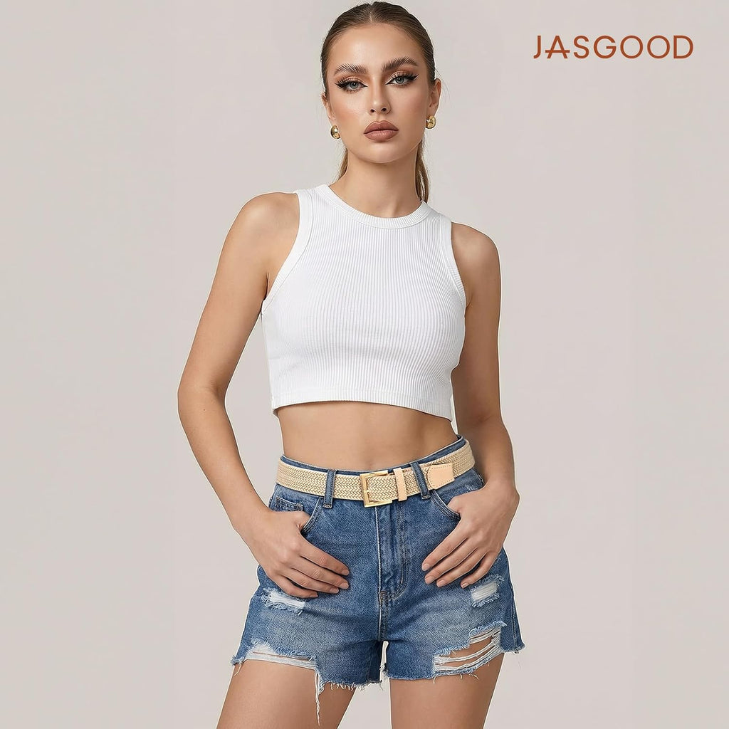 JASGOOD Women Braided Woven Elastic Belt Golf Casual Stretch Belt with Gold Buckle for Ladies Jeans Pants