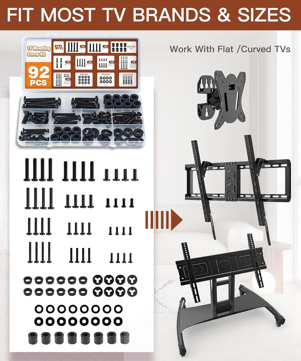 92PCS Universal TV Mounting Hardware Screw Kit Set - M4 M5 M6 M8 Screws, Spacers and Washers for Most TV/Monitor VESA Mount, TV Mount Replacement Screws with Box up to 80", Black