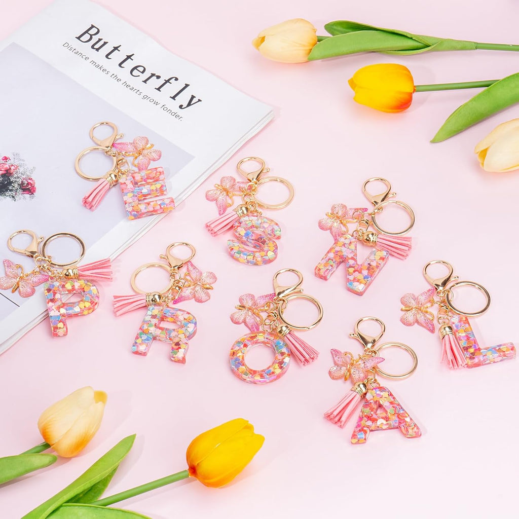 Initial Letter Keychain Cute Keychain Butterfly Sequins Alphabet Resin Name Tassel Keychain for Mother's Gift