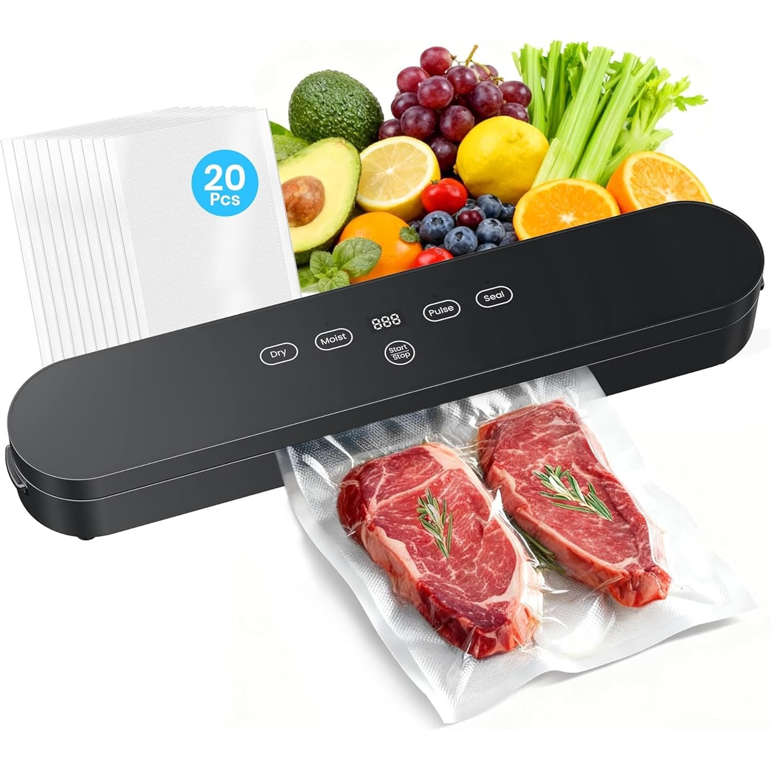 75kPa Vacuum Sealer Machine, Compact Vacuum Sealer for Food, 4-in-1 Food Sealer, Digital Timer, Moist/Dry, Pulse, Seal Modes, with 20 Vacuum Bags, Black