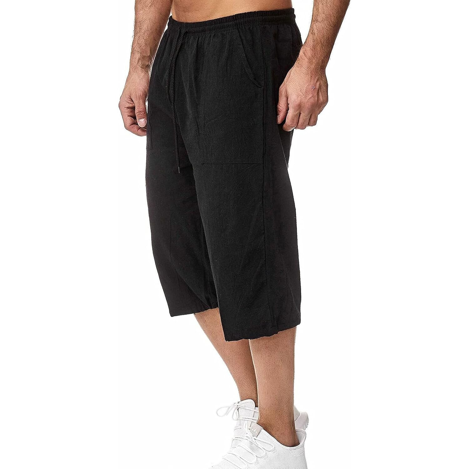 Hangnifang Men'S Long Linen Shorts Below Knee Pocketed 3/4 Summer Drawstring Capri Pant