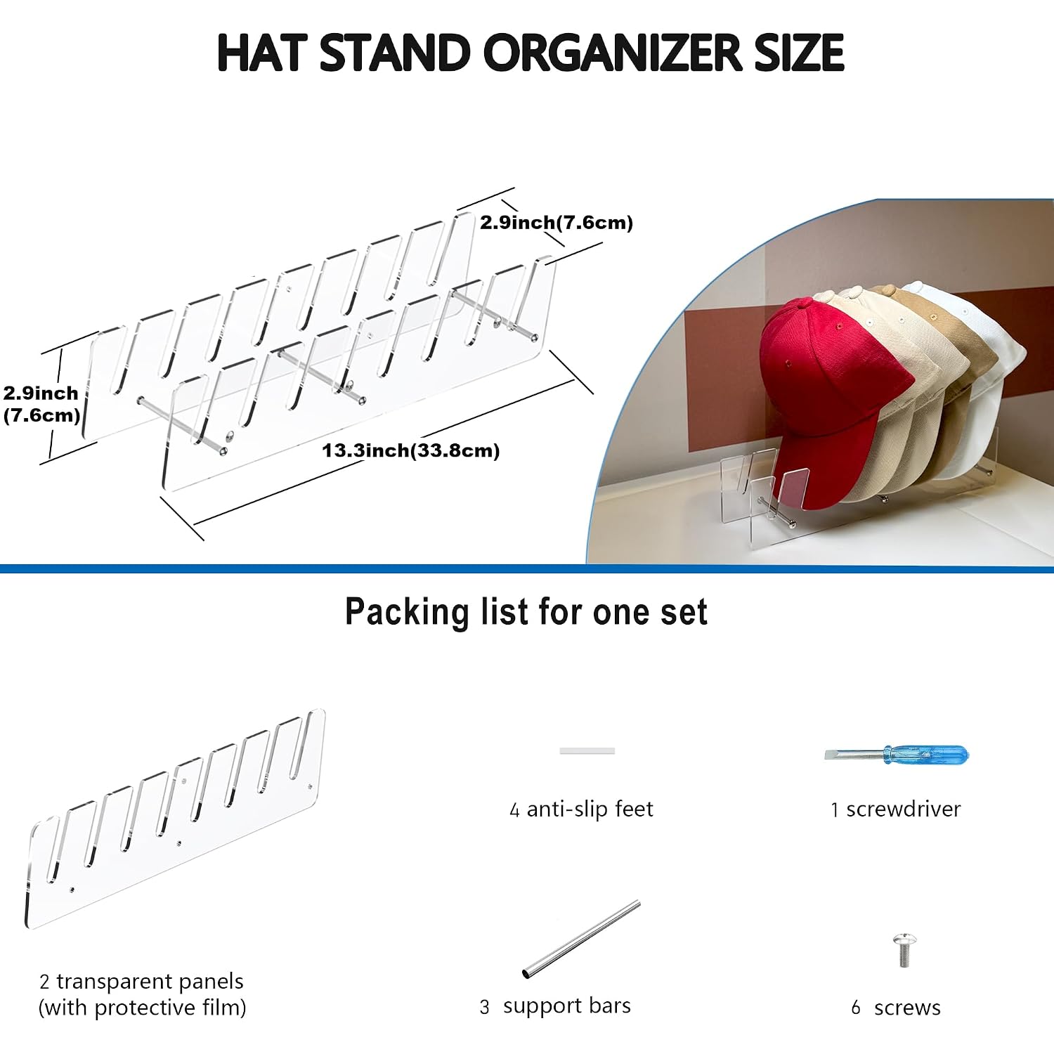 Caruuyi Hat Stand Organizer For Baseball Caps, Acrylic Hat Holder & Rack, 2Pcs Clear Stand For 16 Caps, Ideal For Bedroom, Closet, Dresser, Office And Entrance (2, Clear)
