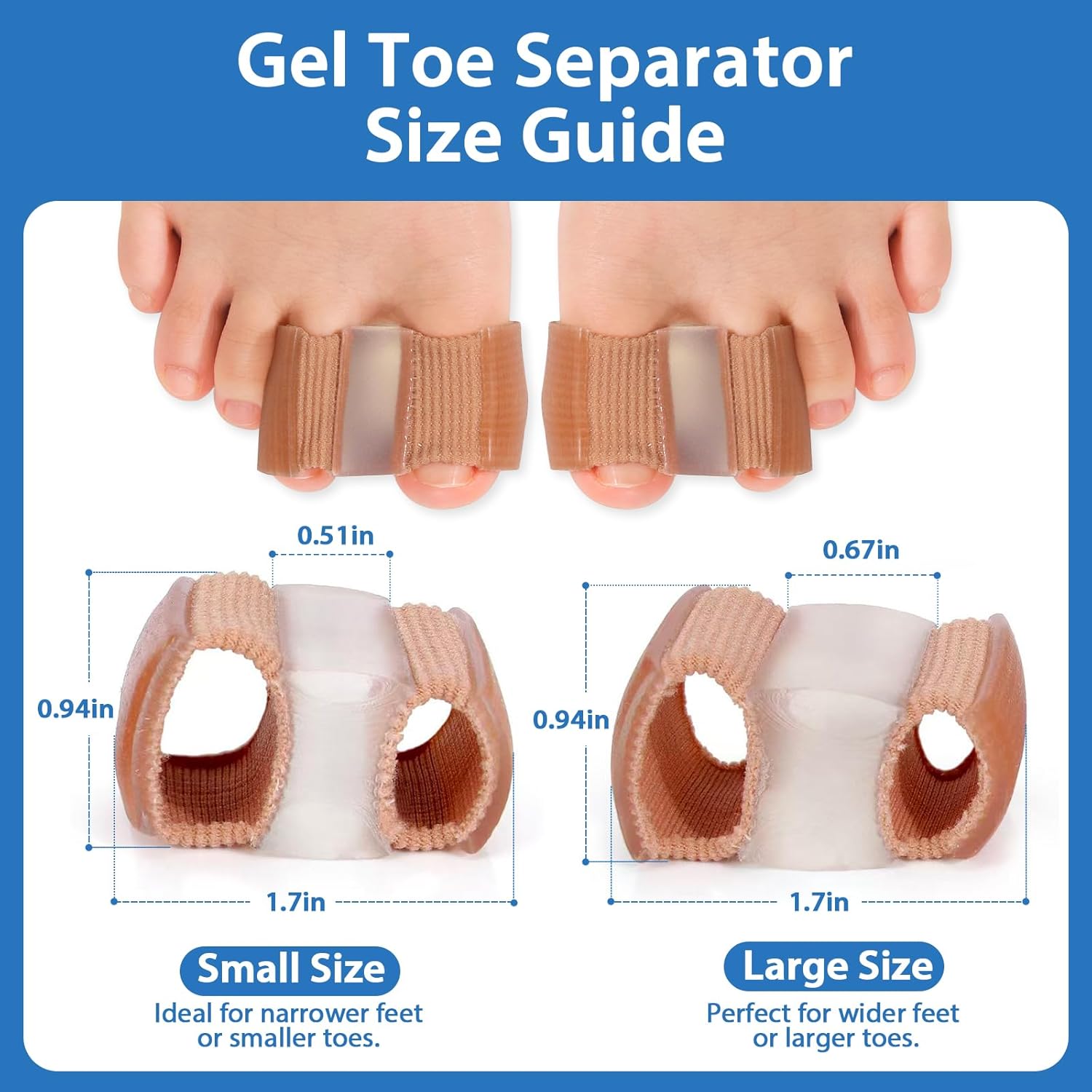 2-Pack Bunion Toe Separators for Overlapping Toes, 3-Point Support Gel Toe Spacers with 2 Fabric Lining Loops for Toe Protectors, Bunion Corrector for Women Men Big Toe(L)