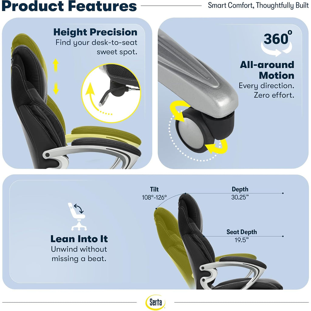 Serta Bryce Executive Office Chair - Ergonomic Computer Deskchair With Lumbar Technology - Adjustable Height - Memory Foam Body Pillows - 360° Swivel Rolling Base - Bonded Leather - Black