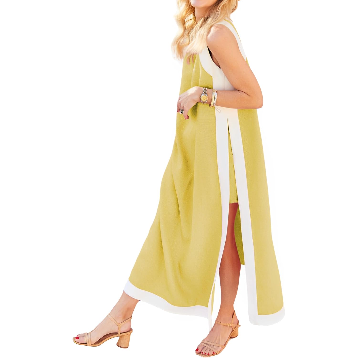 Hooever Women'S 2 Piece Sets Boho Color Block Sleeveless Maxi Dress Matching Shorts With Pockets