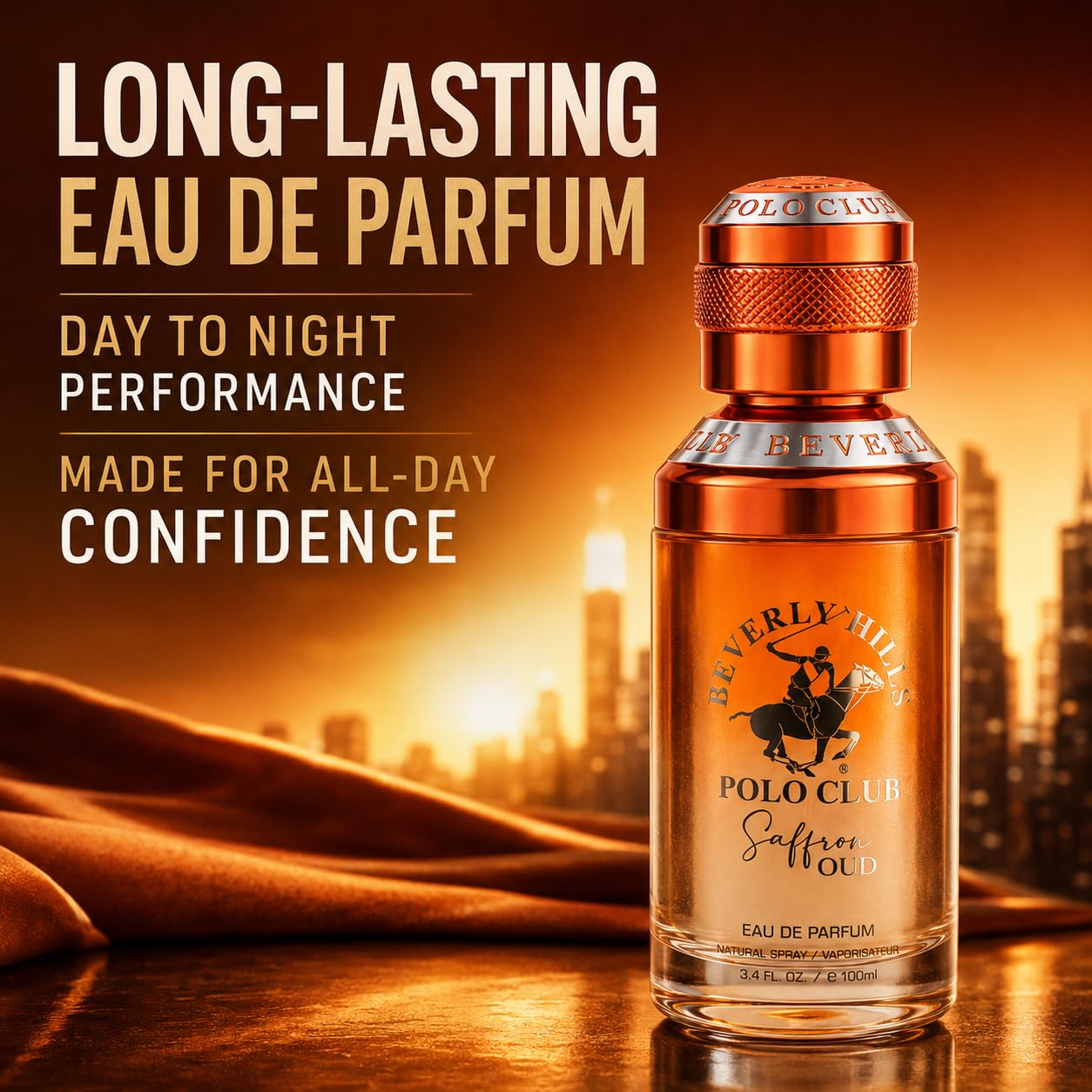Beverly Hills Polo Club Saffron Oud Eau De Parfum For Men – 3.4 Fl Oz / 100Ml | Rich Oriental Saffron & Oud Cologne | Long-Lasting All-Day Masculine Fragrance Spray