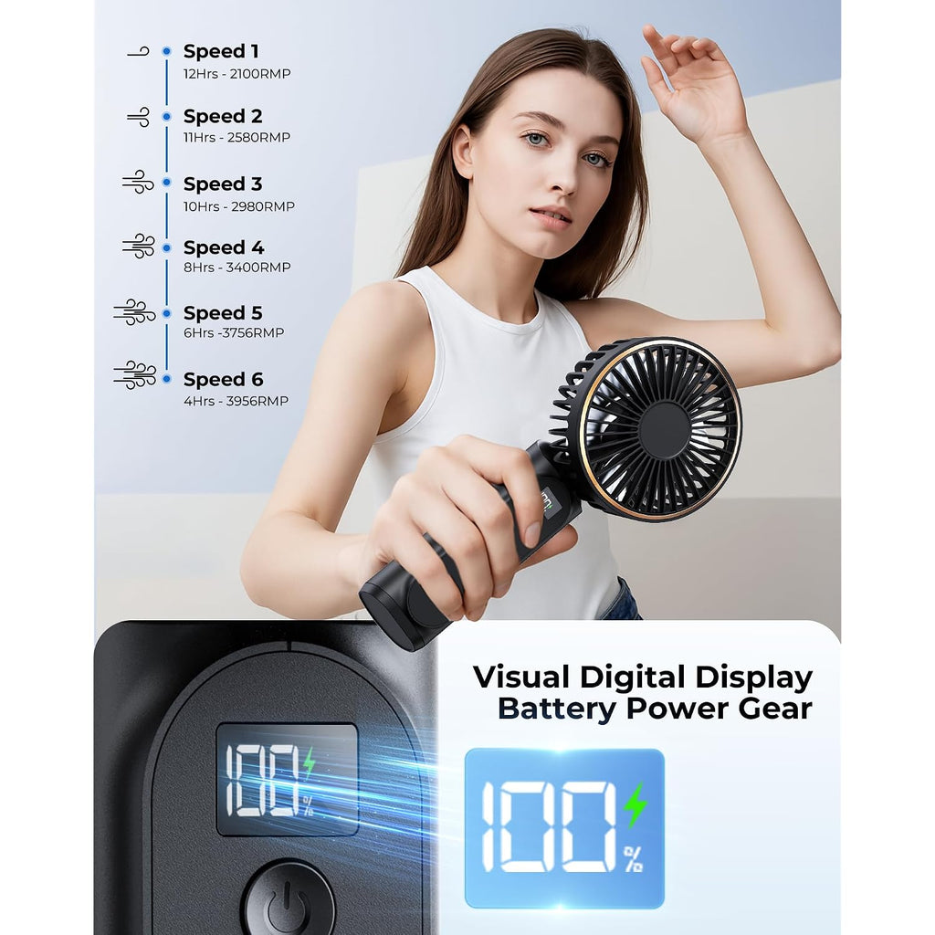 Tunise Portable Handheld Fan, Portable Fan Rechargeable, 4000Mah, 180° Adjustable, 6 Speed Wind, Display Electricity In Real Time, Usb Rechargeable Foldable F An, Quiet Personal Fan As Power Bank