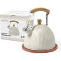Lonffery Tea Kettle For Stove Top, 2.5 Quart Whistling Tea Kettle, Stainless Steel And Wood Pattern Folding Handle, Creamy White