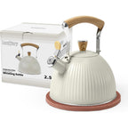 Lonffery Tea Kettle For Stove Top, 2.5 Quart Whistling Tea Kettle, Stainless Steel And Wood Pattern Folding Handle, Creamy White