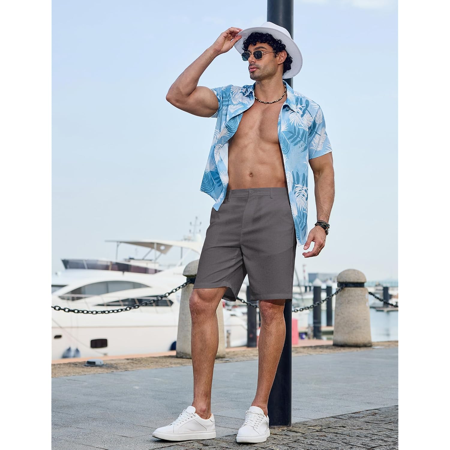 Coofandy Mens Casual Shorts 9" Flat Front Elastic Waist Linen Dress Shorts Lightweight Summer Outfits With Pockets
