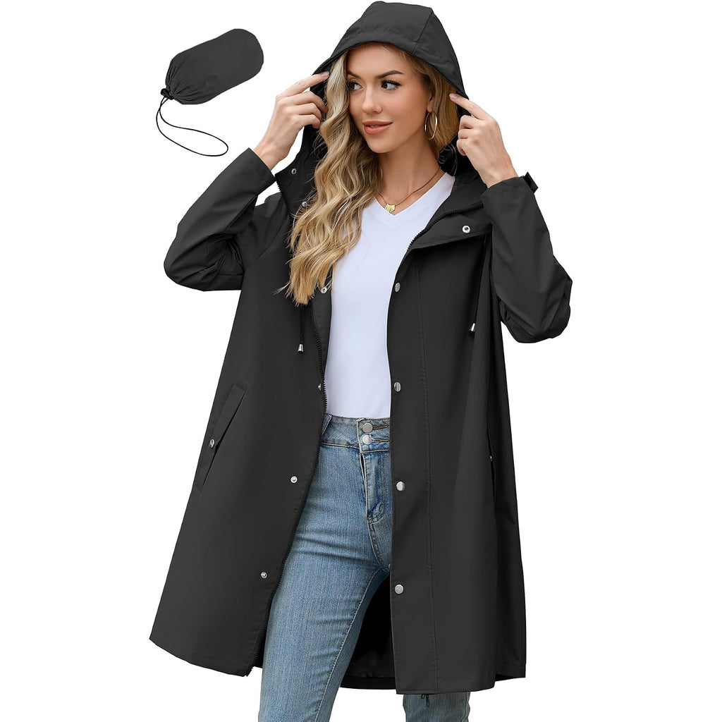 Zando Relaxed-Fit Long Packable Rain Jacket Women Waterproof Raincoat For Women With Hood Lightweight Outdoor Windbreaker