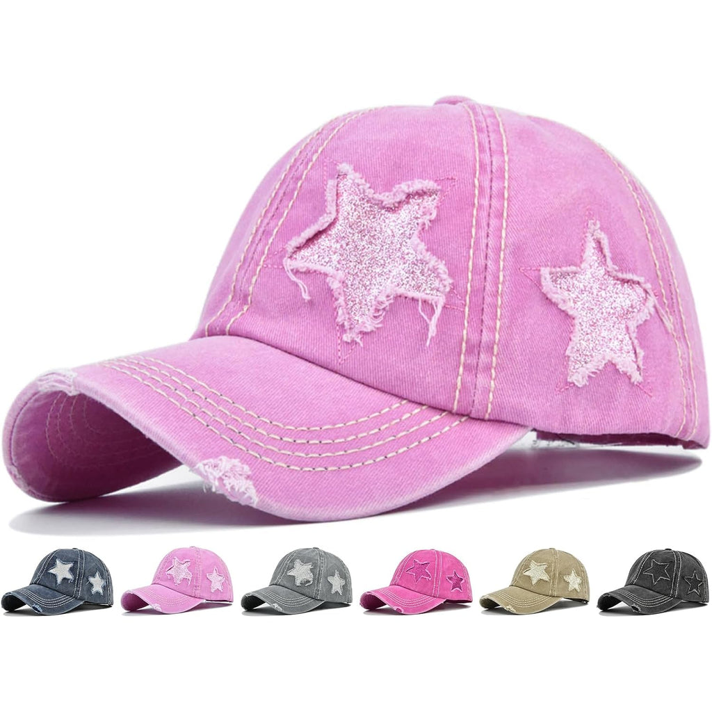 Initlove Ponytail Baseball Cap For Women Star High Messy Bun Caps Washed Cotton Distressed Hats