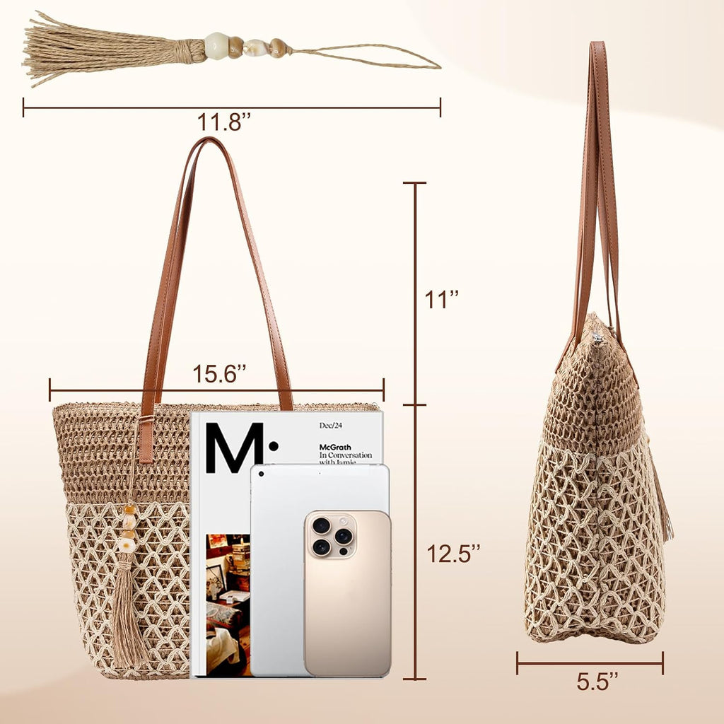 Straw Tote Bag For Women: Handwoven Beach Purse With Cutout Design For Travel & Pool Day | Lightweight