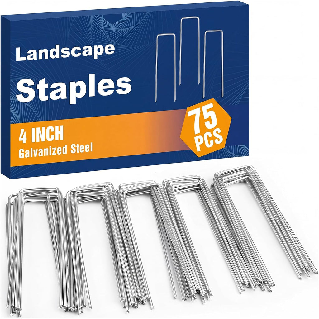 Whonline 75 Pack Landscape Staples 4 Inch, Galvanized Garden Stakes U-Shaped Sod Landscaping Fabric Pins Yard Ground Staples For Gardening Lawn Turf Securing Irrigation Pipe Hose Plant Cover