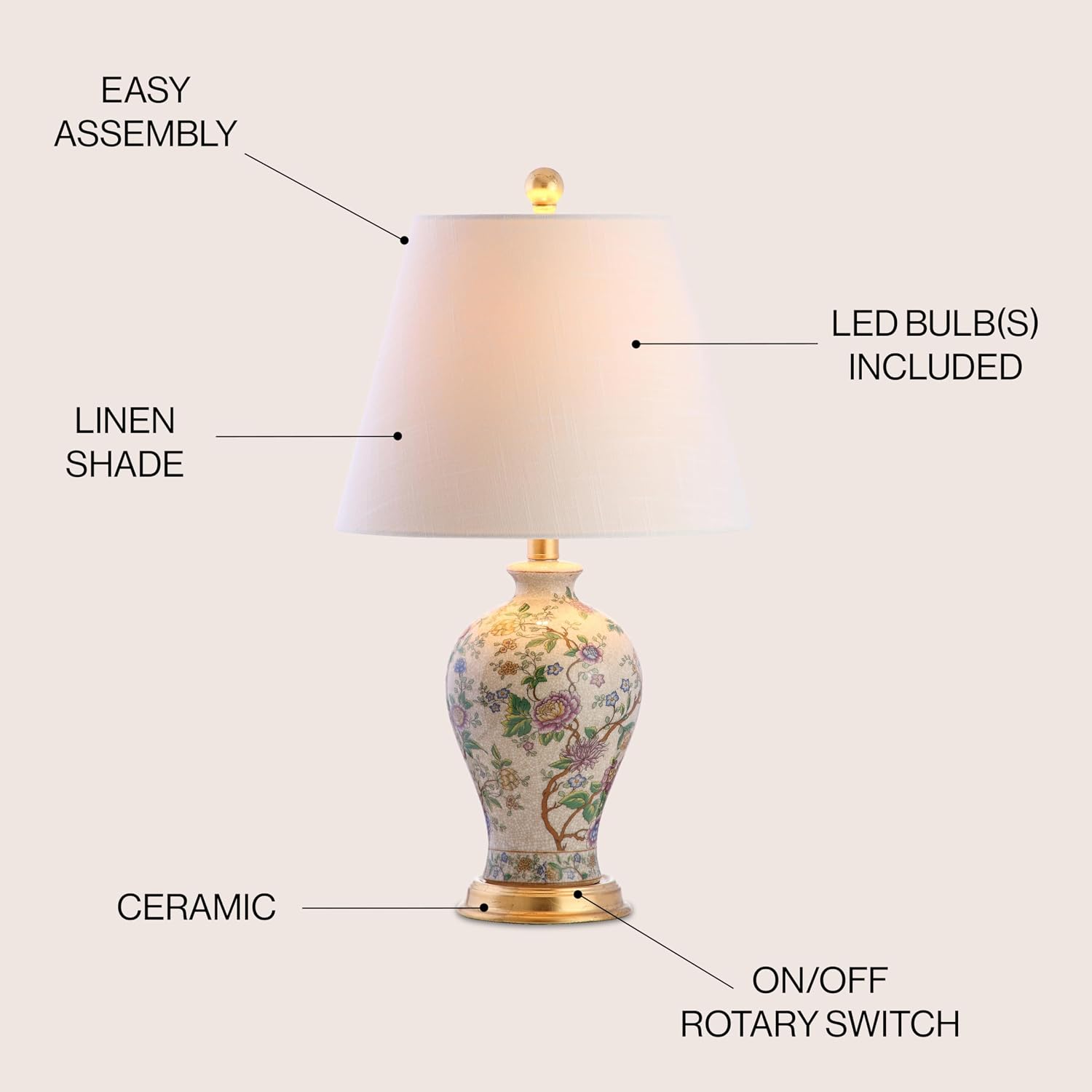 Jonathan Y 24" Multi-Colored/Gold French Country Ceramic Floral Urn Table Lamp, White Linen Shade, Chinoiserie Ginger Jar Bedside Lamp For Living Room Bedroom, Led Bulb Jyl3009A