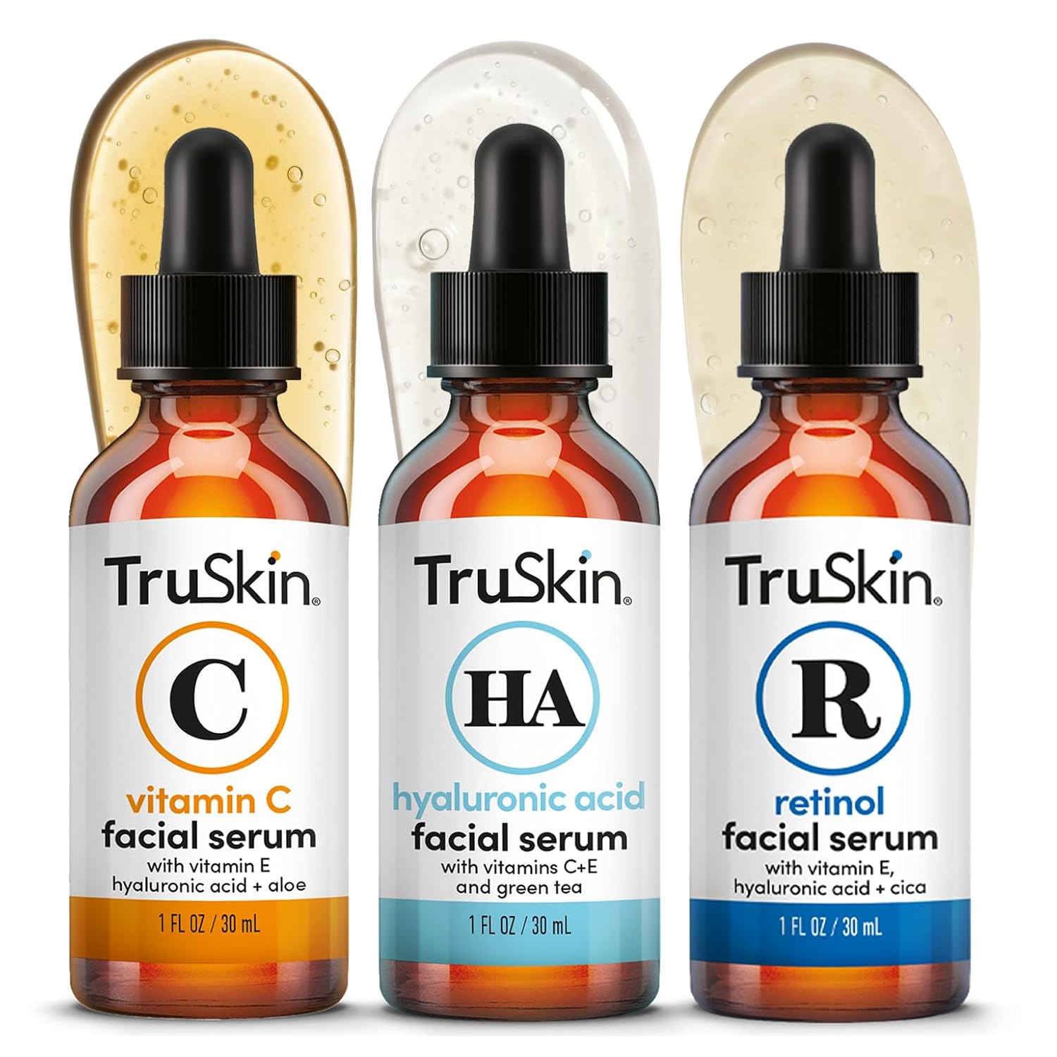Truskin Face Serum Trio - Vitamin C, Retinol & Hyaluronic Acid Anti-Aging Serums For Face - Am, Pm & All-Day Skincare Routine - Brightening, Smoothing & Hydrating Facial Serums, 1 Fl Oz Each