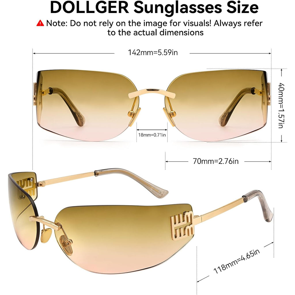 Dollger Rimless Y2K Wrap Around Sunglasses for Women Trendy Frameless Shield Rectangle Designer Frame Uv400 Protection Shades C2:gradient Brown